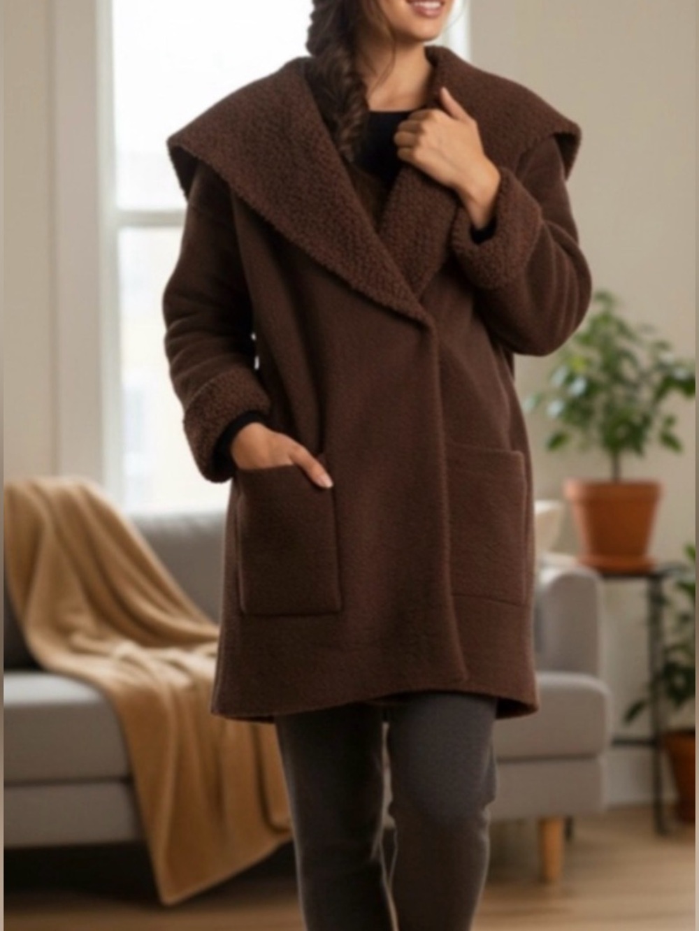 NWT NWT Barefoot Dreams cozy chic shearling drape car coat xl deep rosewood